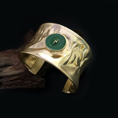 Gold Plated Hammered Design of Cuff With Green Power sign  SKU7002