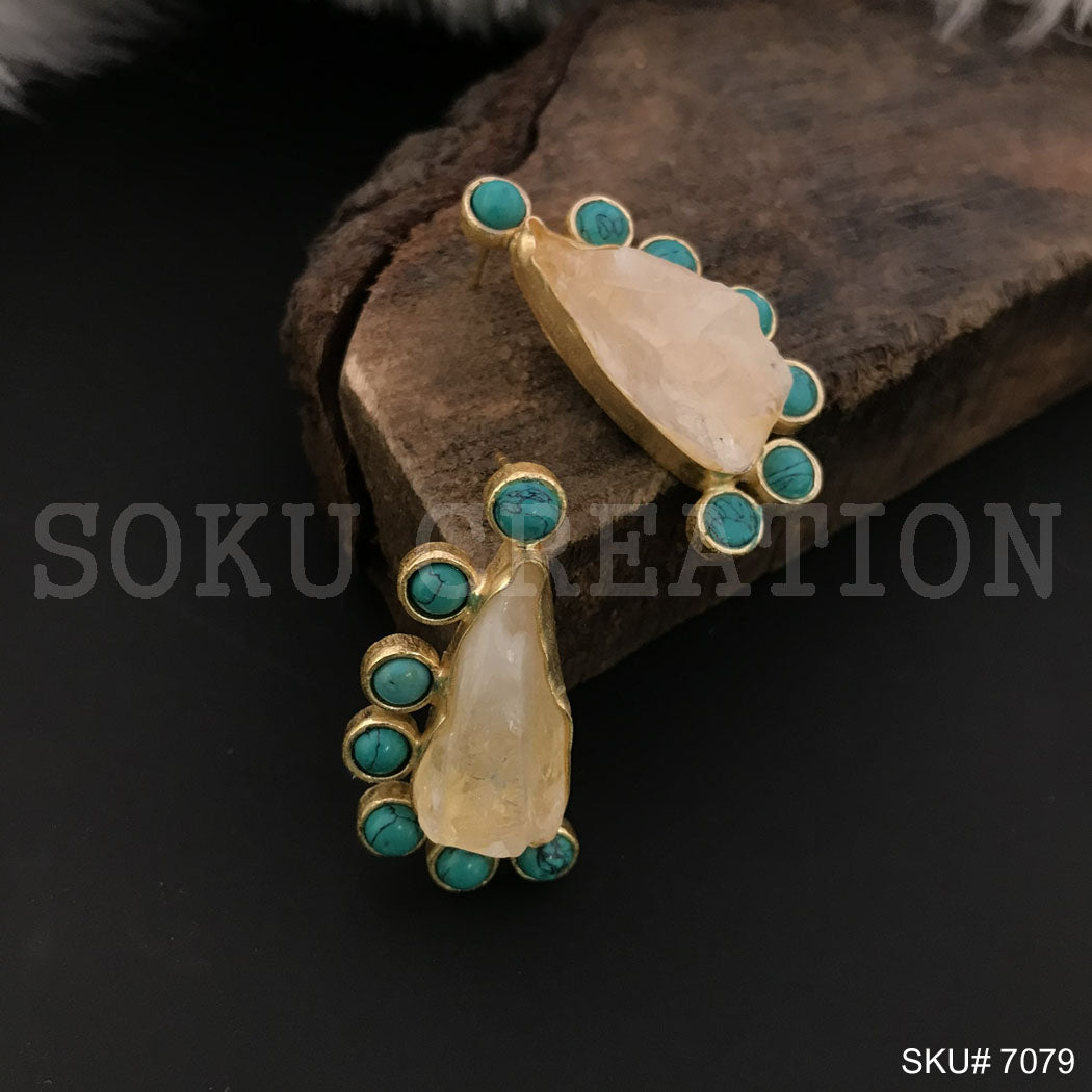 Gold Plated Unique Statement Turquoise Stone Handmade Big Stud Earring SKU7079