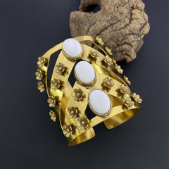 Gold Plated Designer Unique Big Cuff with White Stone and Flower SKU7098