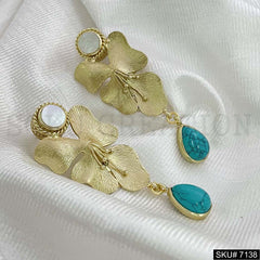 Gold Plated Statement Twisted Wire Turquoise Drop shape Butterfly Handmade Drop and Dangle Earring SKU7138