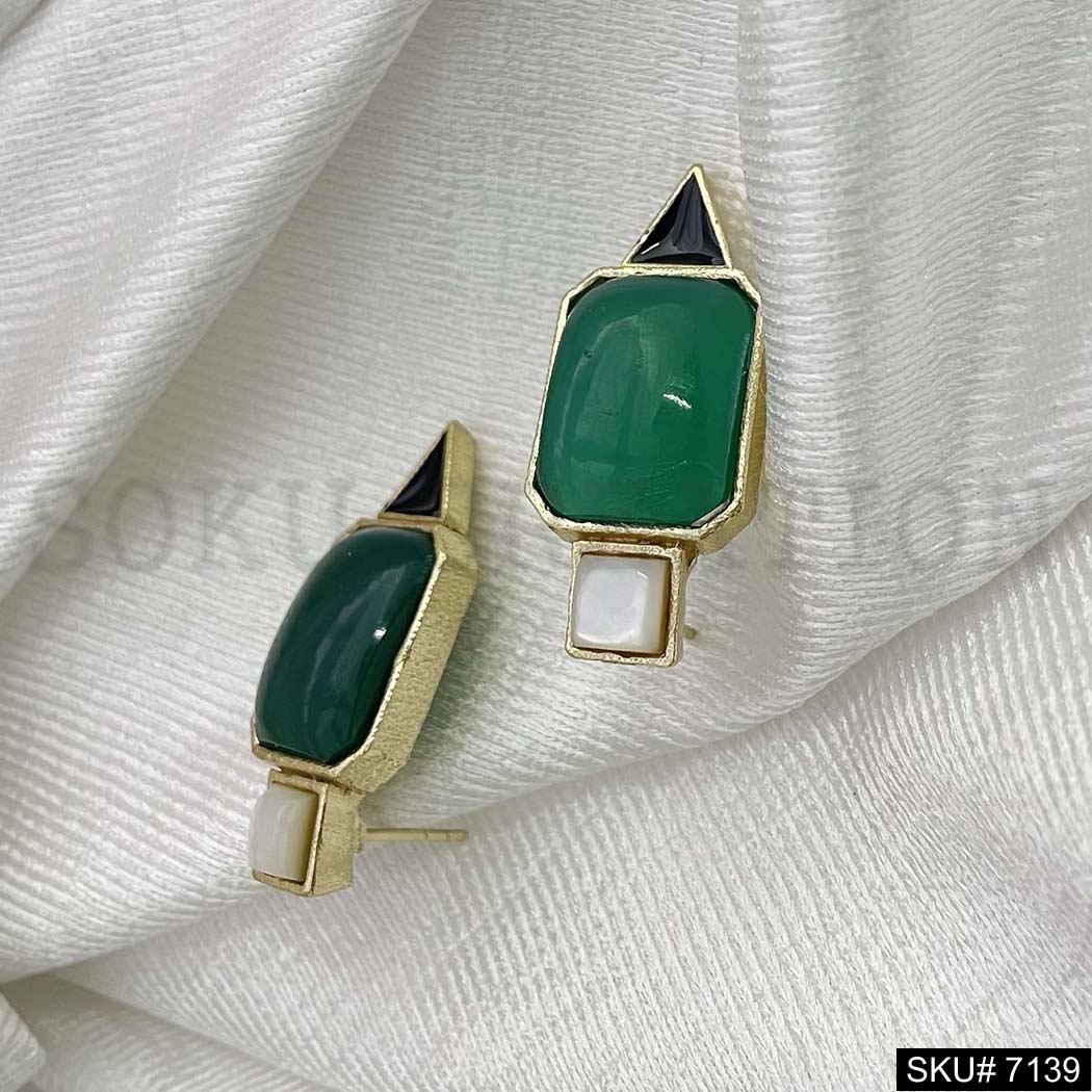 Gold Plated Statement Green White and Balck stone Handmade Big Stud Earring SKU7139