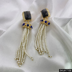 Gold Plated Statement Rounded Labra stone Multi White Pearl of Layers Handmade Drop and Dangle Earring SKU7158