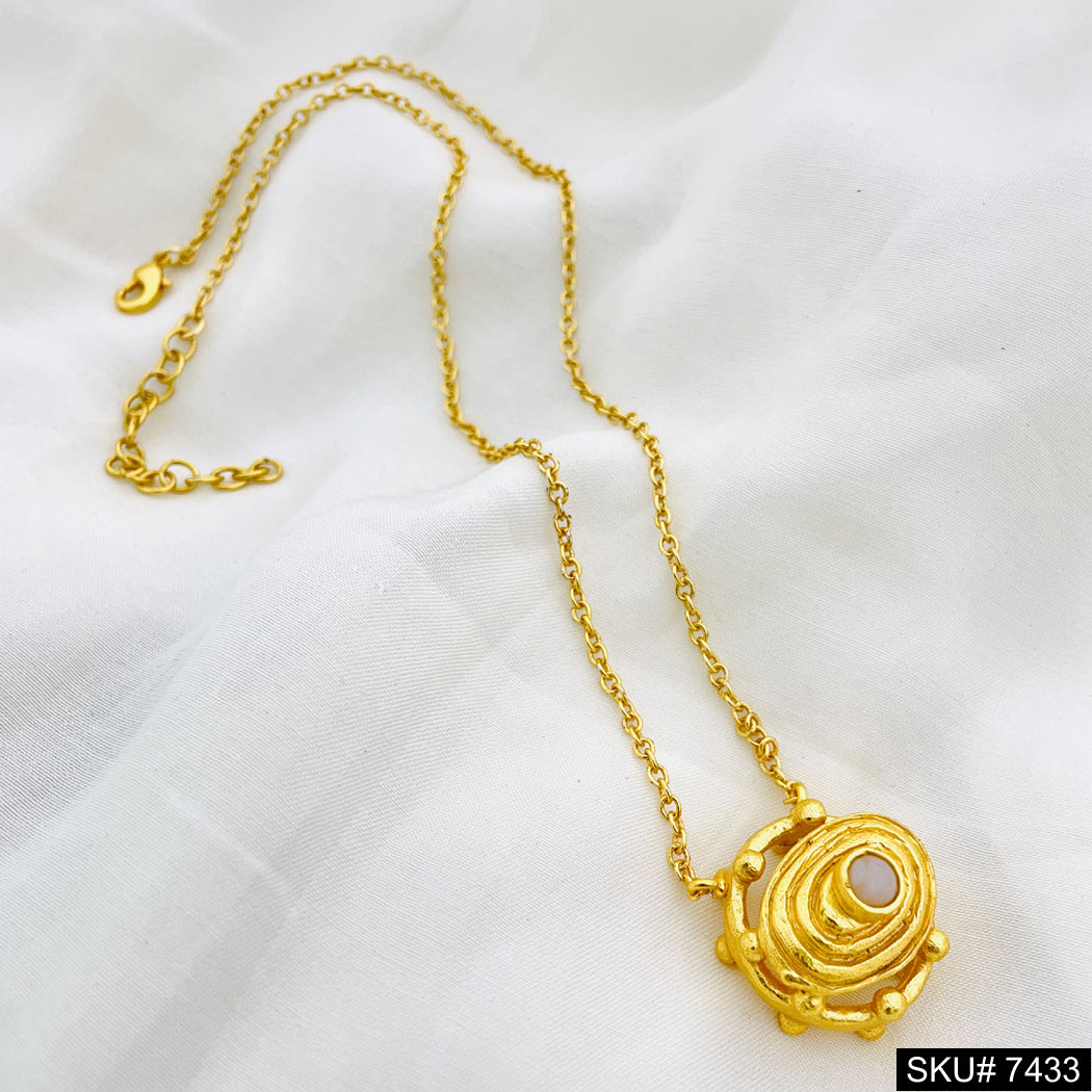 Artistic Gold Pendant Necklace with Textured Spiral Design and Pearl Accent SKU# 7433