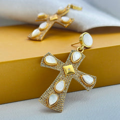 Encrusted Cross Drop Earrings