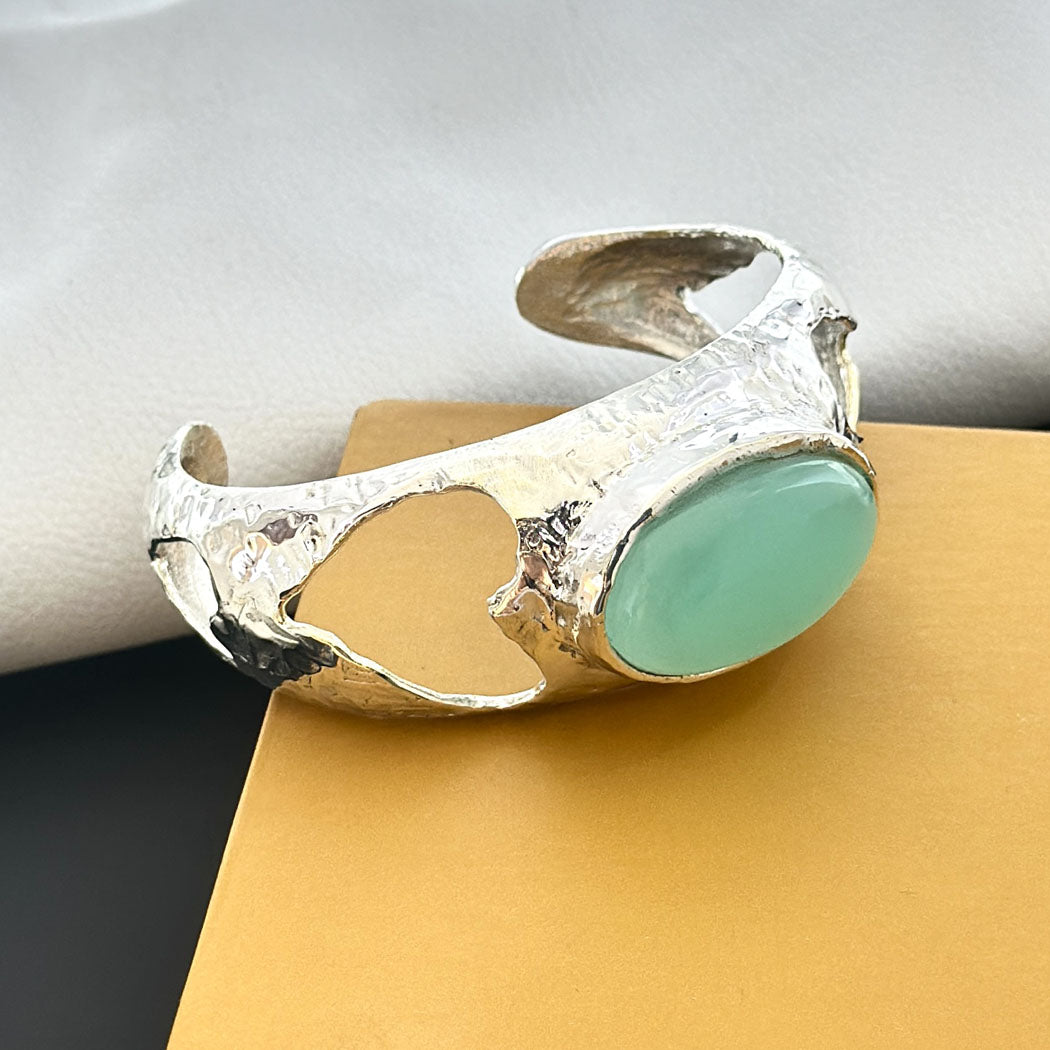 Sterling Silver Cuff Bracelet with Green Chalcedony Gemstone SOKU#7860