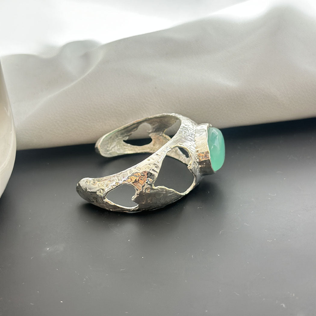 Sterling Silver Cuff Bracelet with Green Chalcedony Gemstone SOKU#7860