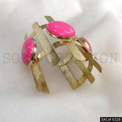 Gold Plated Designer Pink Gemstone Handmade Design of Cuff SKU6328