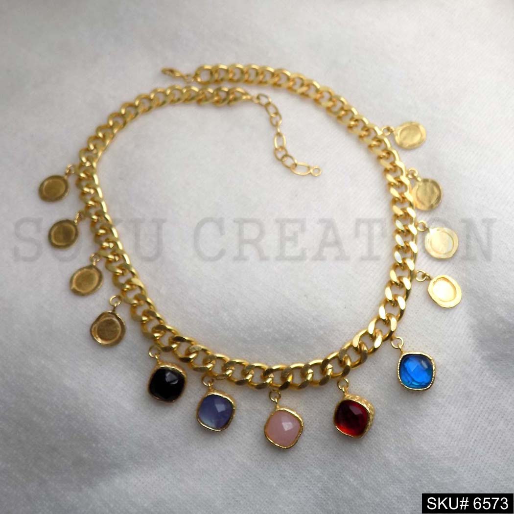 Gold Plated Cable Chain With Multi Coins and Multi Color of Charms in Necklace SKU6573