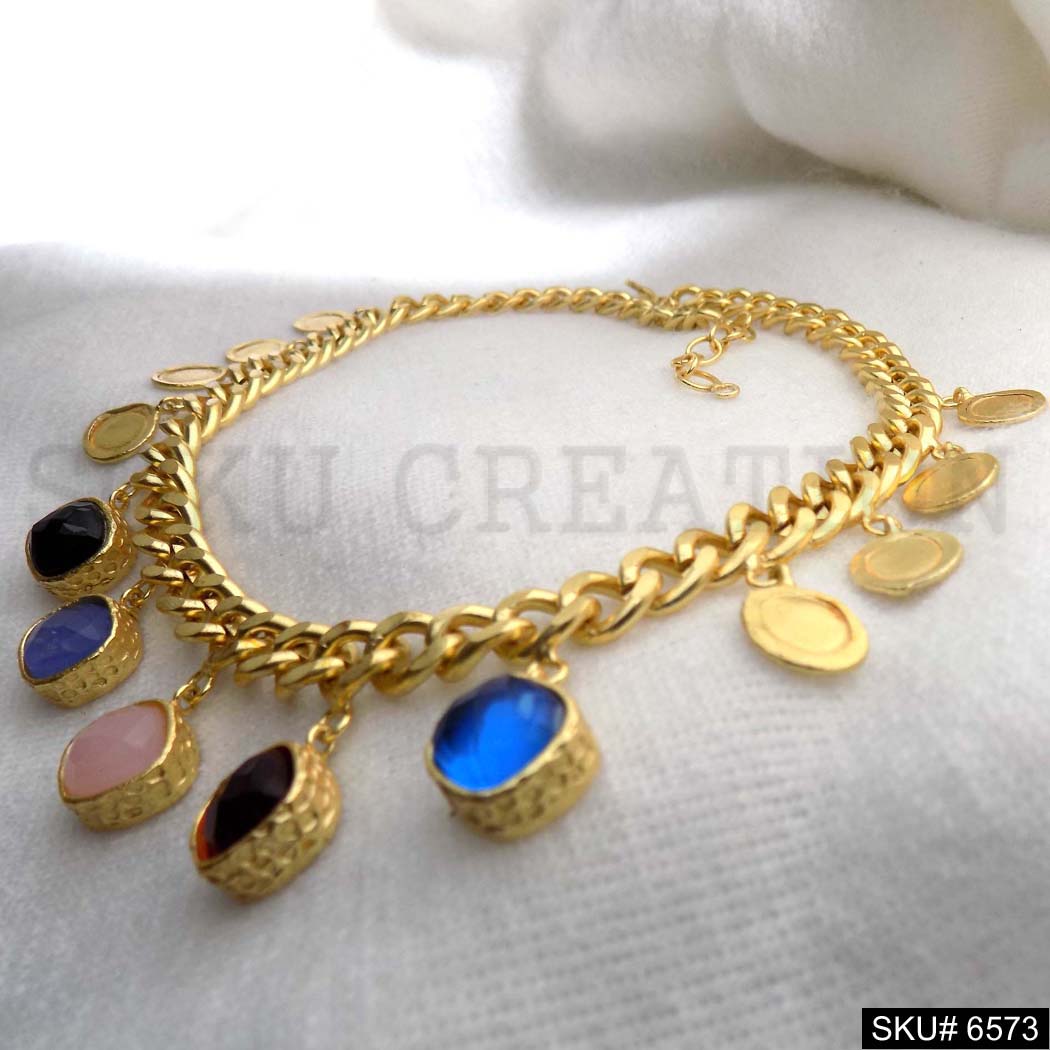 Gold Plated Cable Chain With Multi Coins and Multi Color of Charms in Necklace SKU6573
