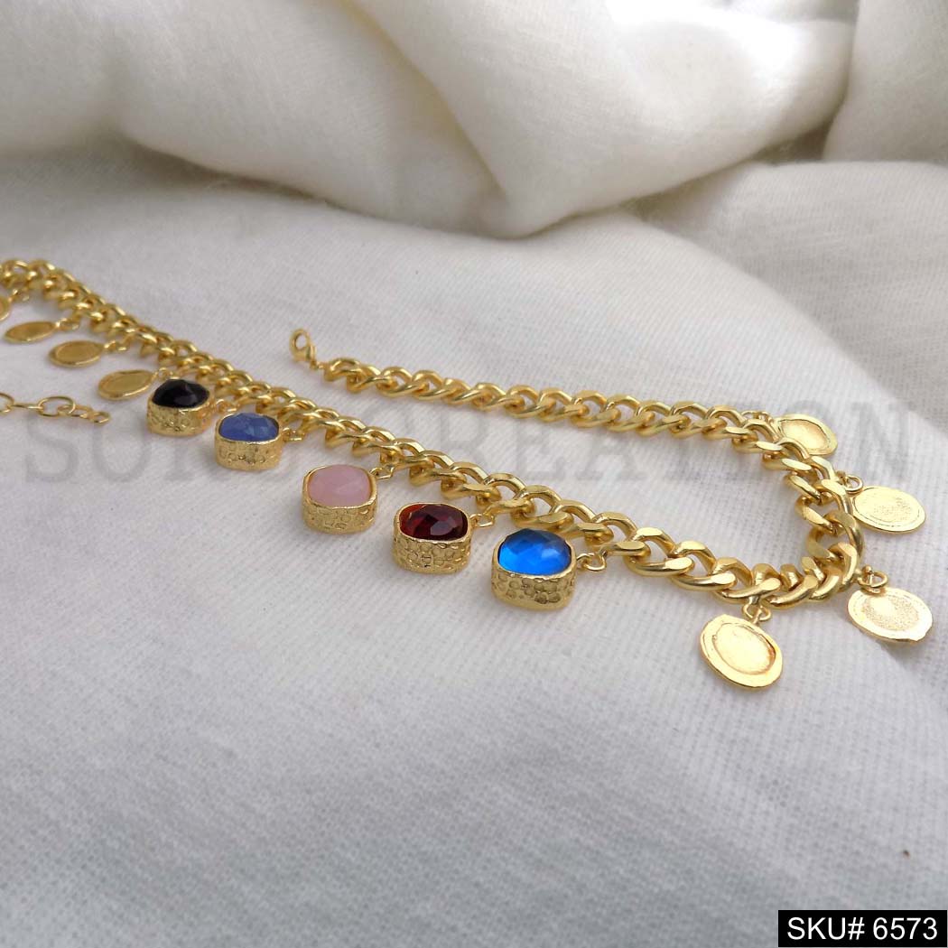 Gold Plated Cable Chain With Multi Coins and Multi Color of Charms in Necklace SKU6573