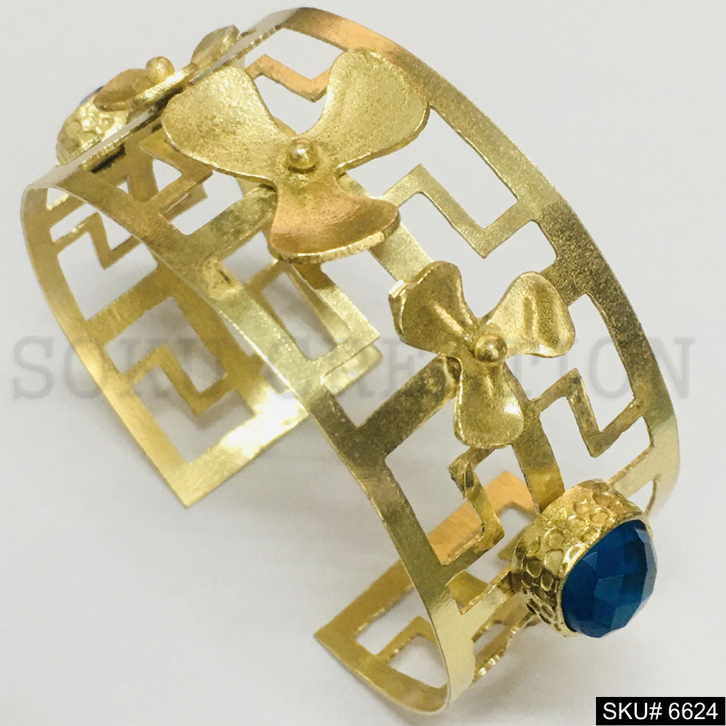 Gold Plated Statement Plain With Flower Blue Gemstone Handmade Design of Cuff SKU6624