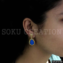 Gold Plated Carved Blue stone Twisted Wire Drop and Dangle Earrings SKU6786