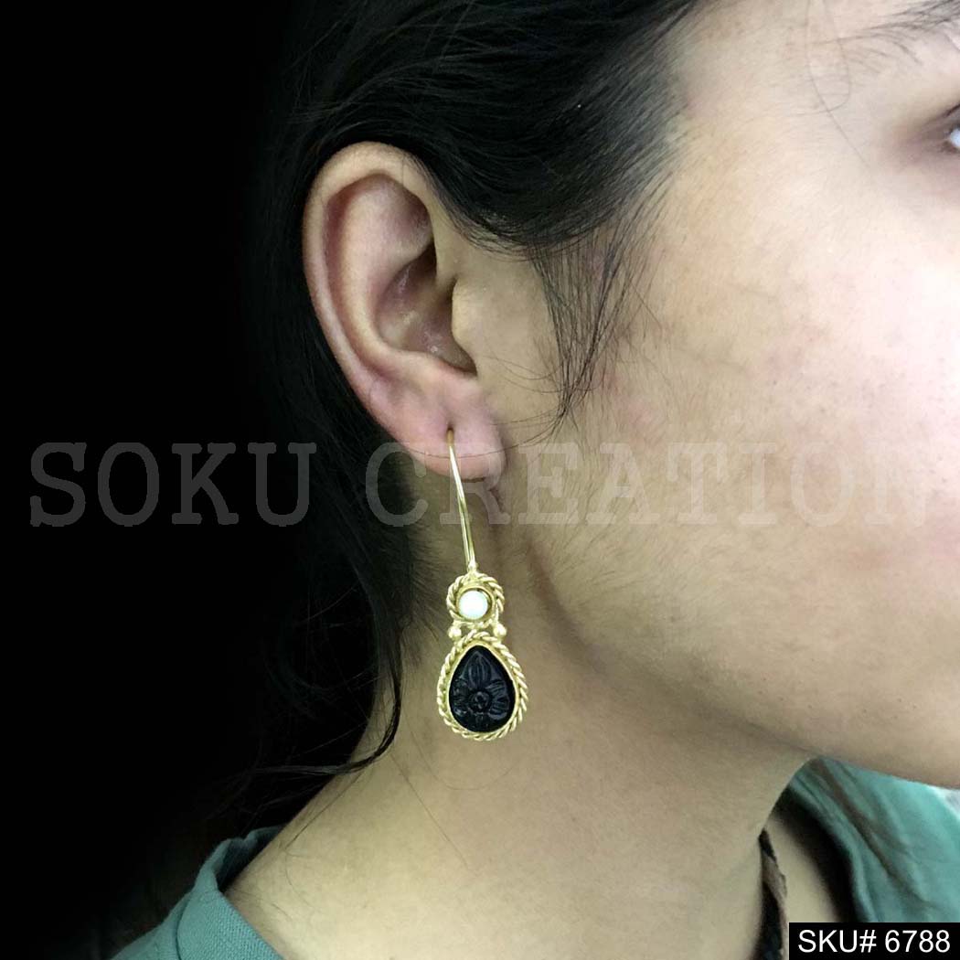 Gold Plated Carved Black stone Twisted Wire Pearl Ear Wire Earrings SKU6788