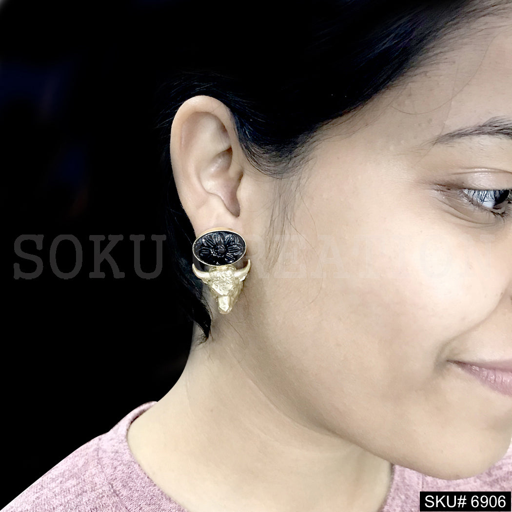 Gold plated Drop and Dangle Black stone Bull's Face Design Earring SKU6906