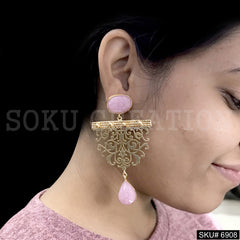 Gold plated Drop and Dangle Carved Pink stone shape Design Earring SKU6908