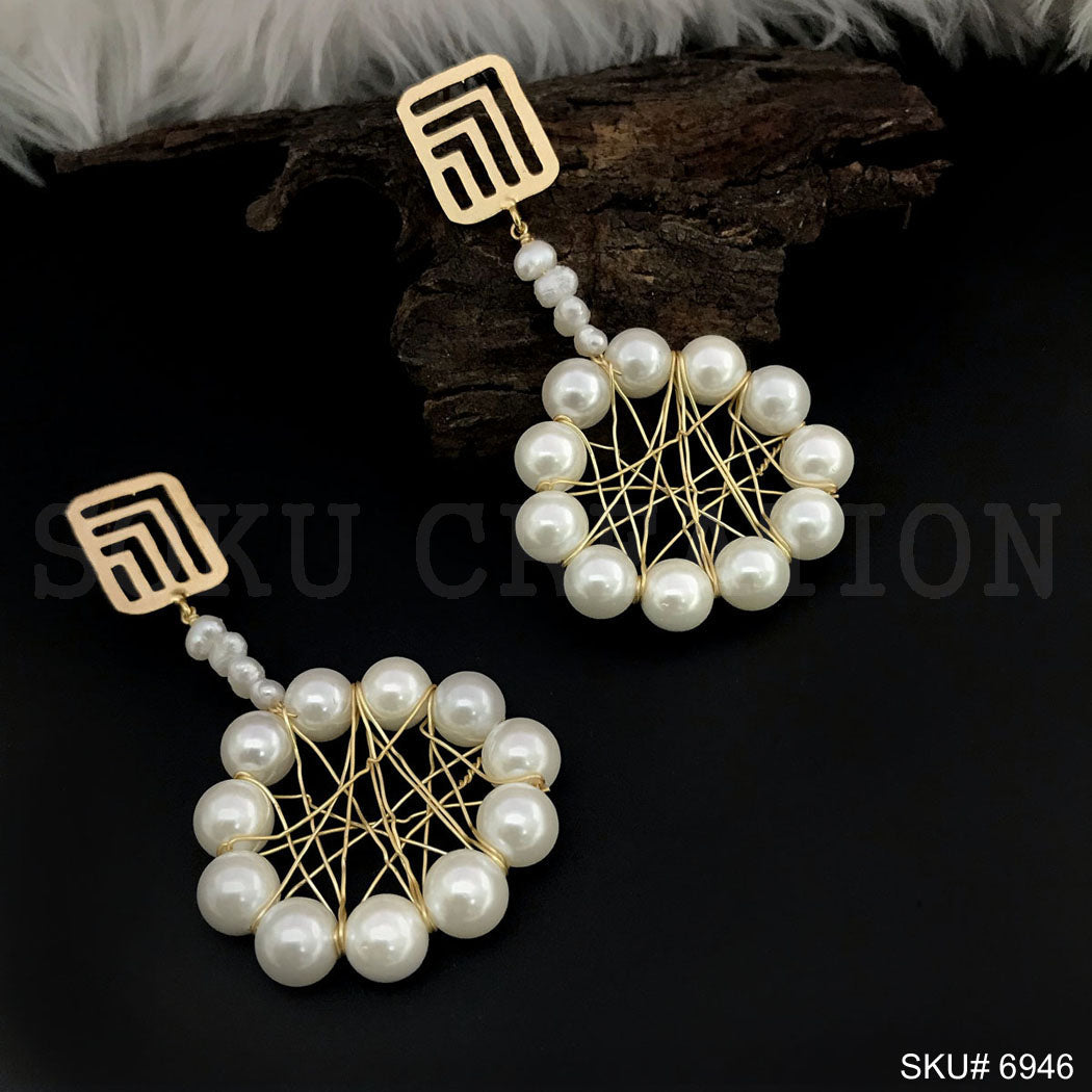 Gold plated Drop and Dangle Pearl Tangle wire Earrings SKU6946