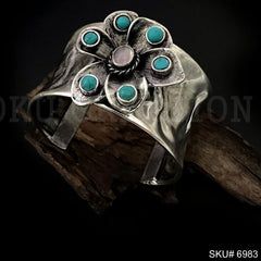 Mattel Plated Hammered Cuff with Turquoise Stone  Flower Style Design of Cuff SKU6983