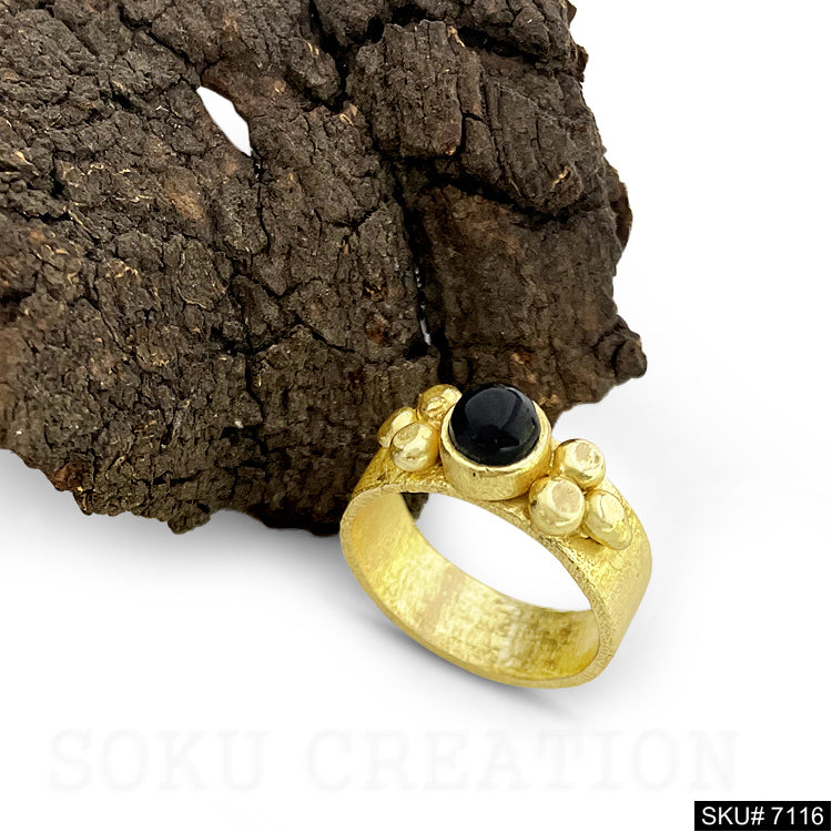 Gold Plated Unique Statement Black Stone Adjustable Handmade Ring SKU7116