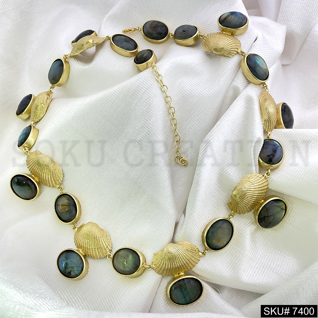 Gold plated shell with labradorite gemstone Necklace SKU7400